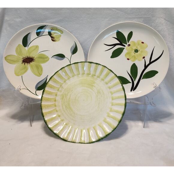 Vtg Blue Ridge Southern Potteries 3 Chartreuse 9" Dinner Plates Hand Painted - Picture 1 of 16